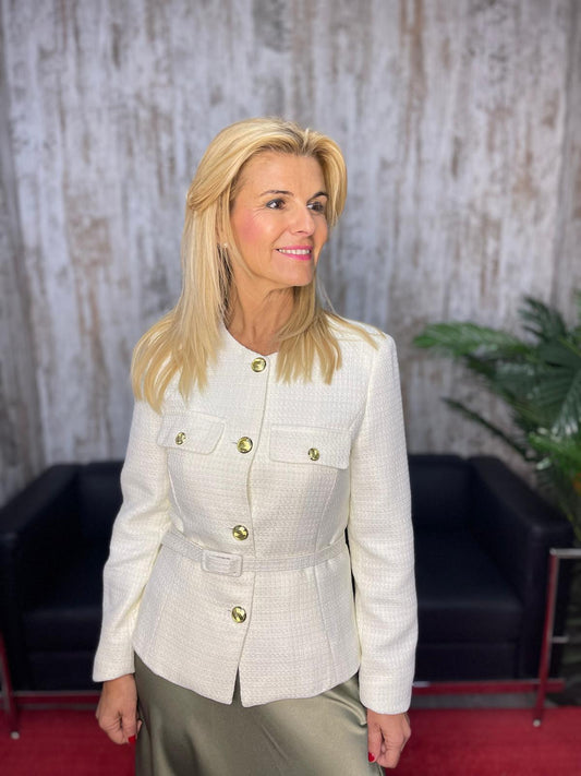 Americana Chanel tweed blanco cinturón – blazer chaqueta cintura marcada Madrid