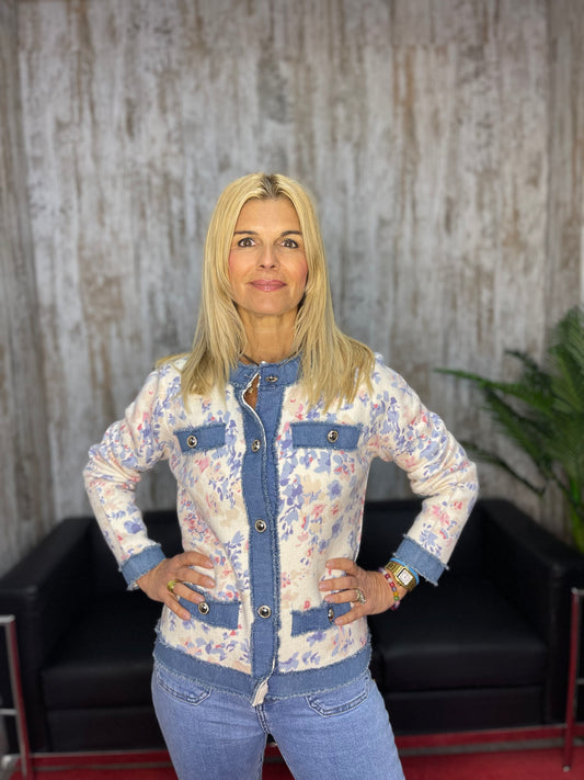 Chaqueta biker mujer con estampado floral azul y rosa - Talla única