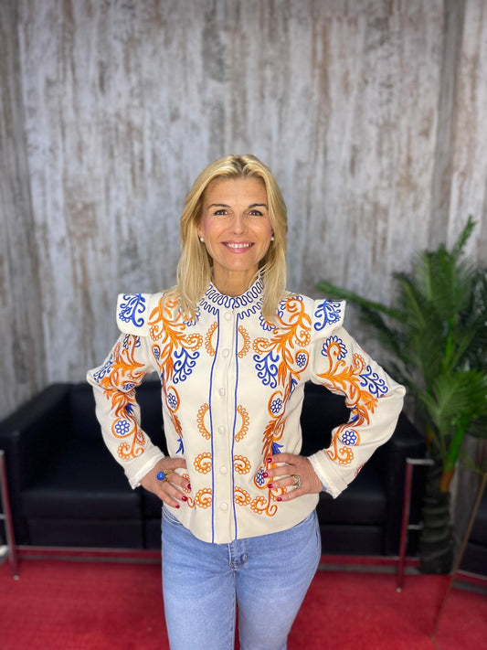 Chaqueta bordada mujer azul naranjo blanco – hombreras voluminosas, manga larga Madrid